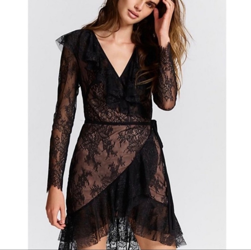 Love & lemons Daphne black lace wrap dress xs